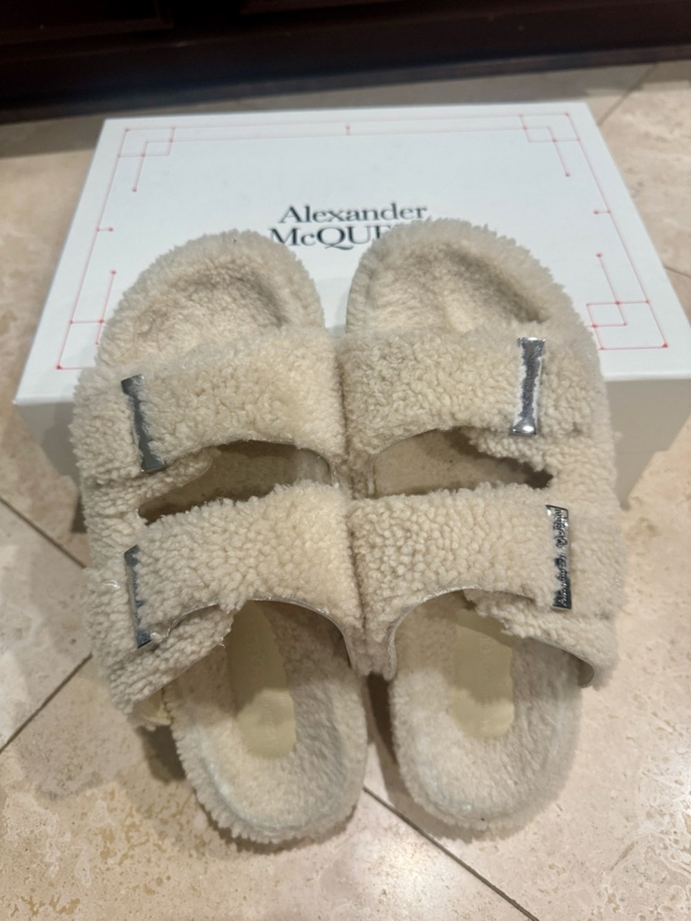 Alexander McQueen Cream Sherpa Double-Strap Slides